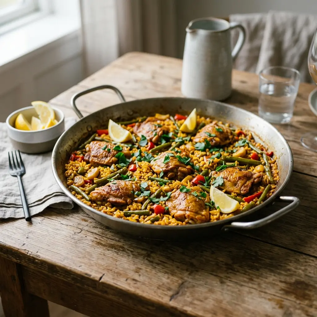 Receita de Paella com frango pronta a servir como prato caseiro