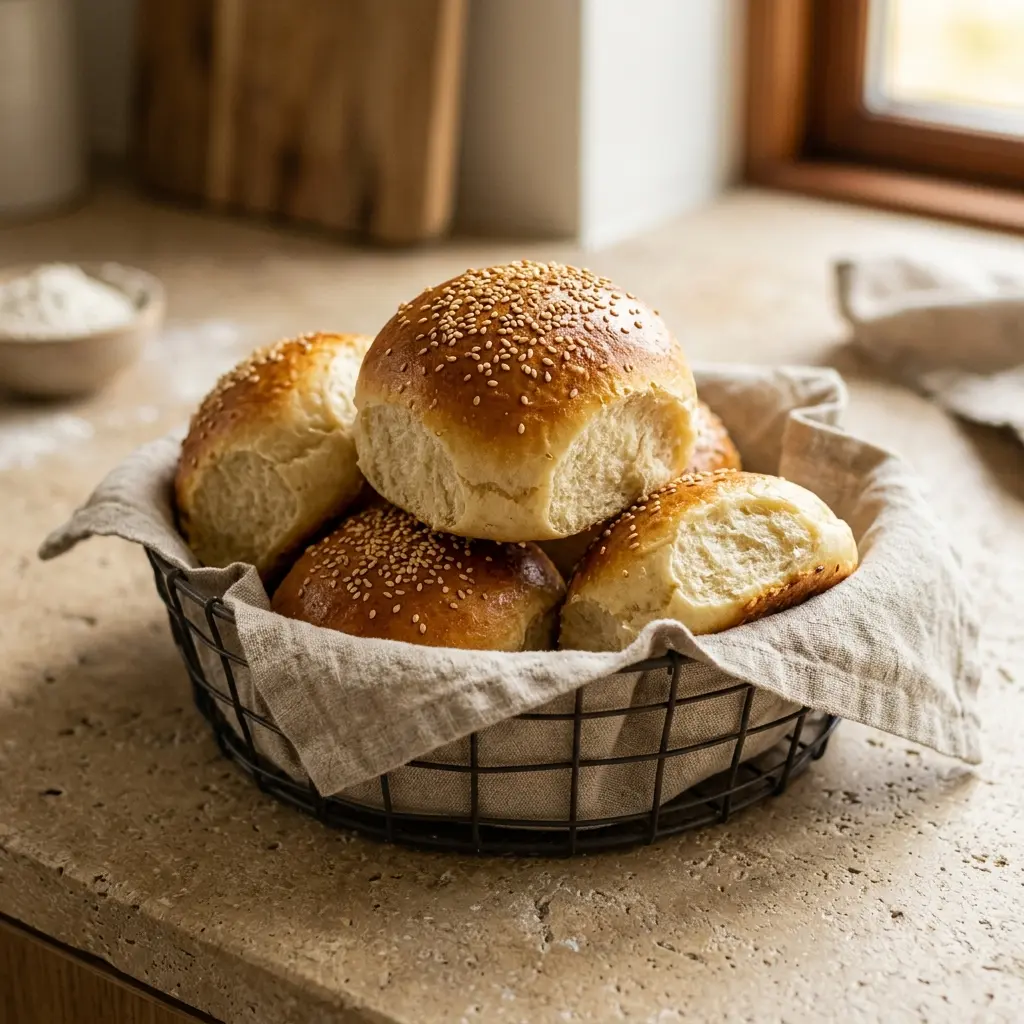 Receita de Pães de hambúrguer caseiros pronta a servir como prato caseiro
