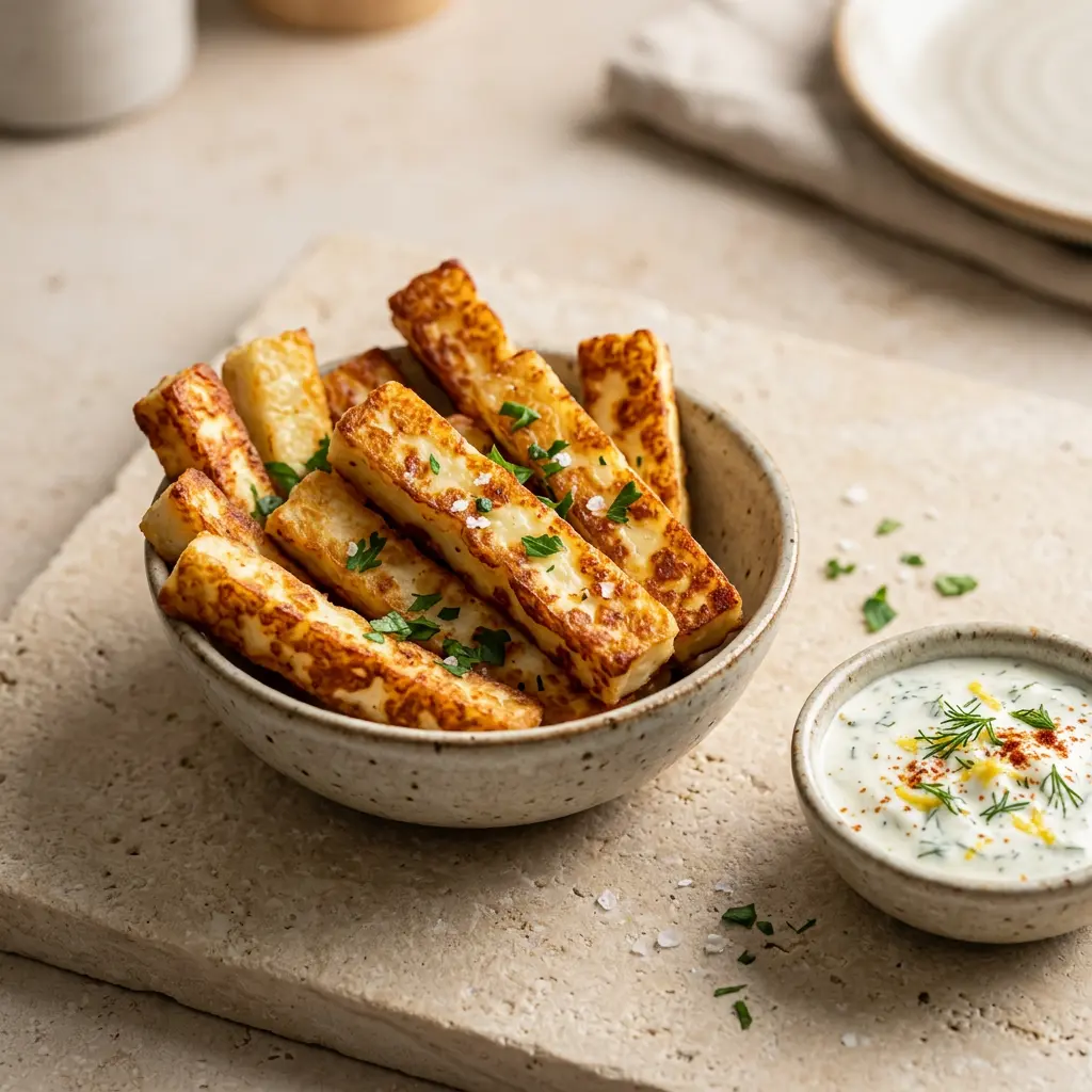 Foto de Palitos de halloumi na air fryer pronto na airfryer
