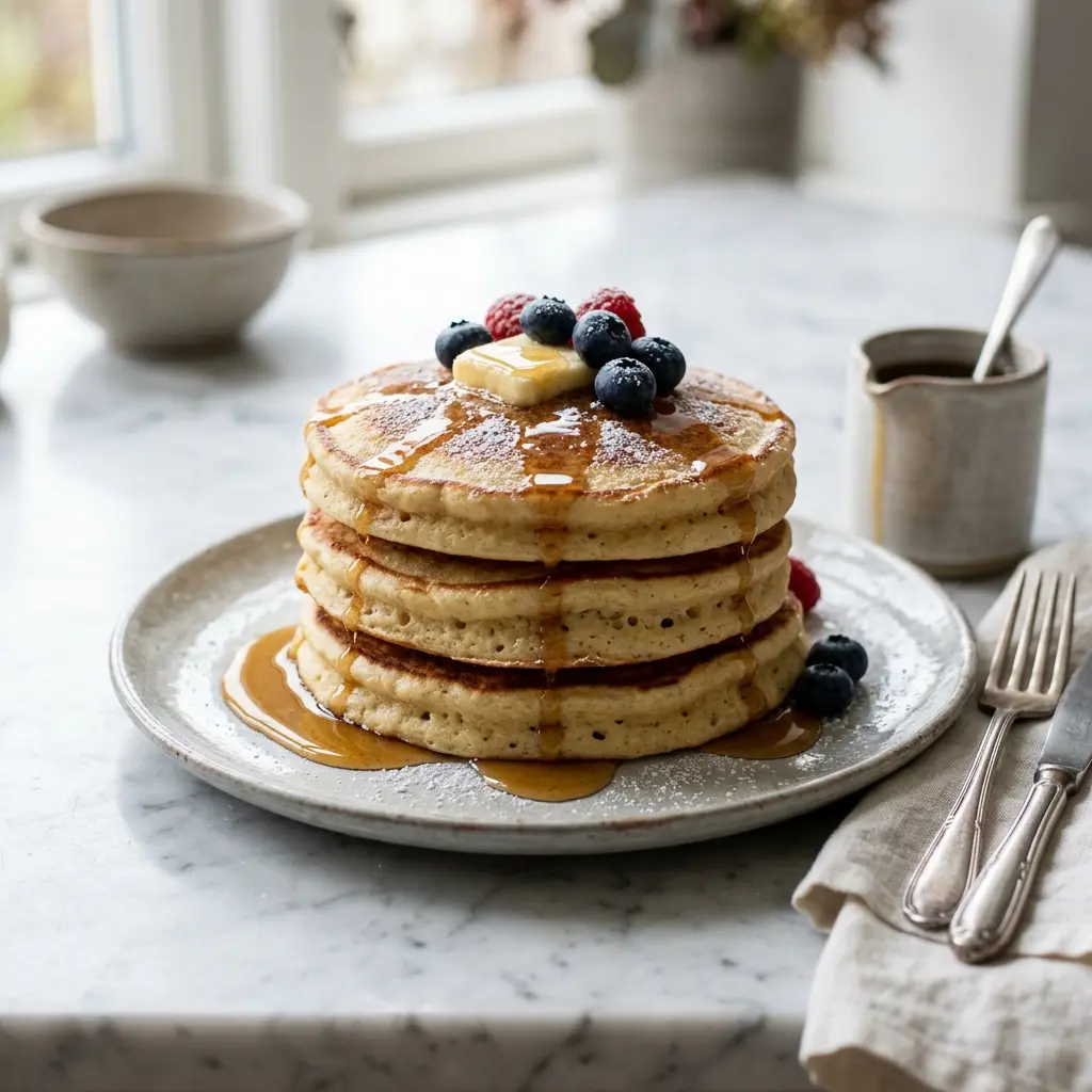 Receita de Panquecas americanas pronta a servir como sobremesa caseira