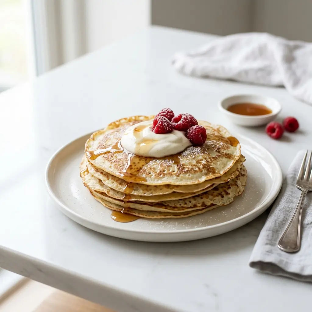 Receita de Panquecas clássicas pronta a servir como sobremesa caseira