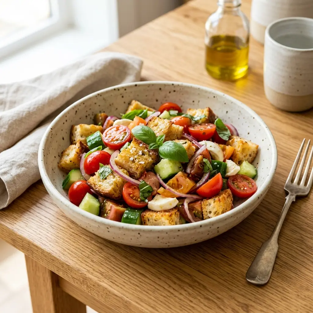 Receita de Panzanella pronta a servir como prato caseiro