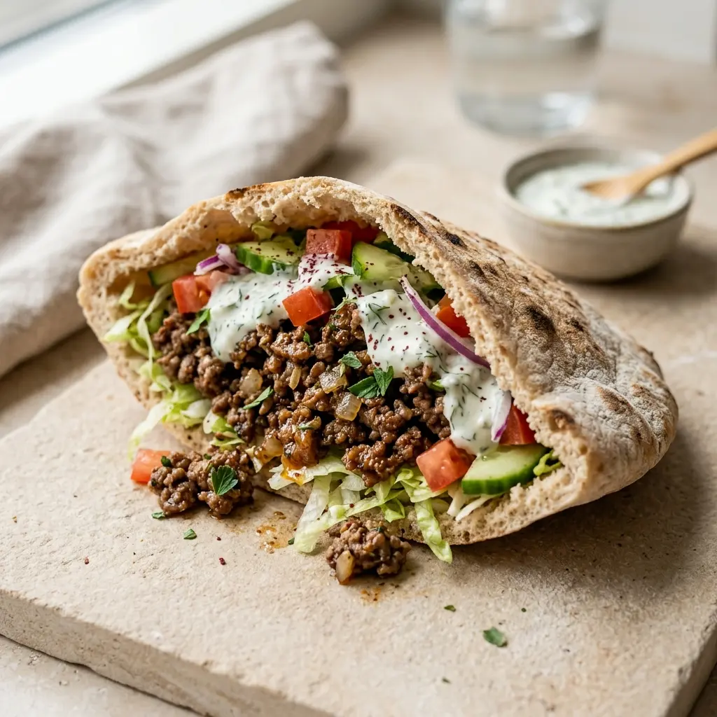 Receita de Pão pita com carne de vaca pronta a servir como pão ou massa caseira
