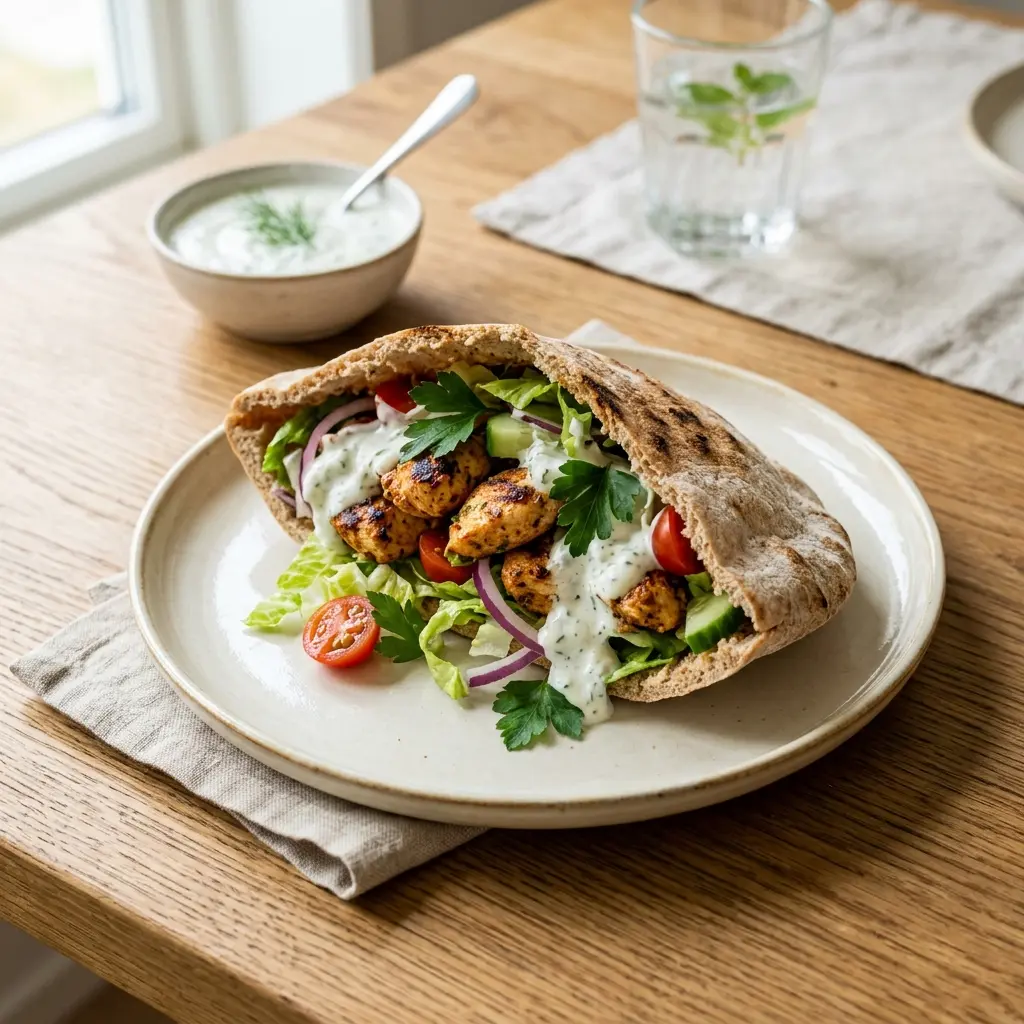Pão pita com frango dourado, alface, tomate, pepino e iogurte