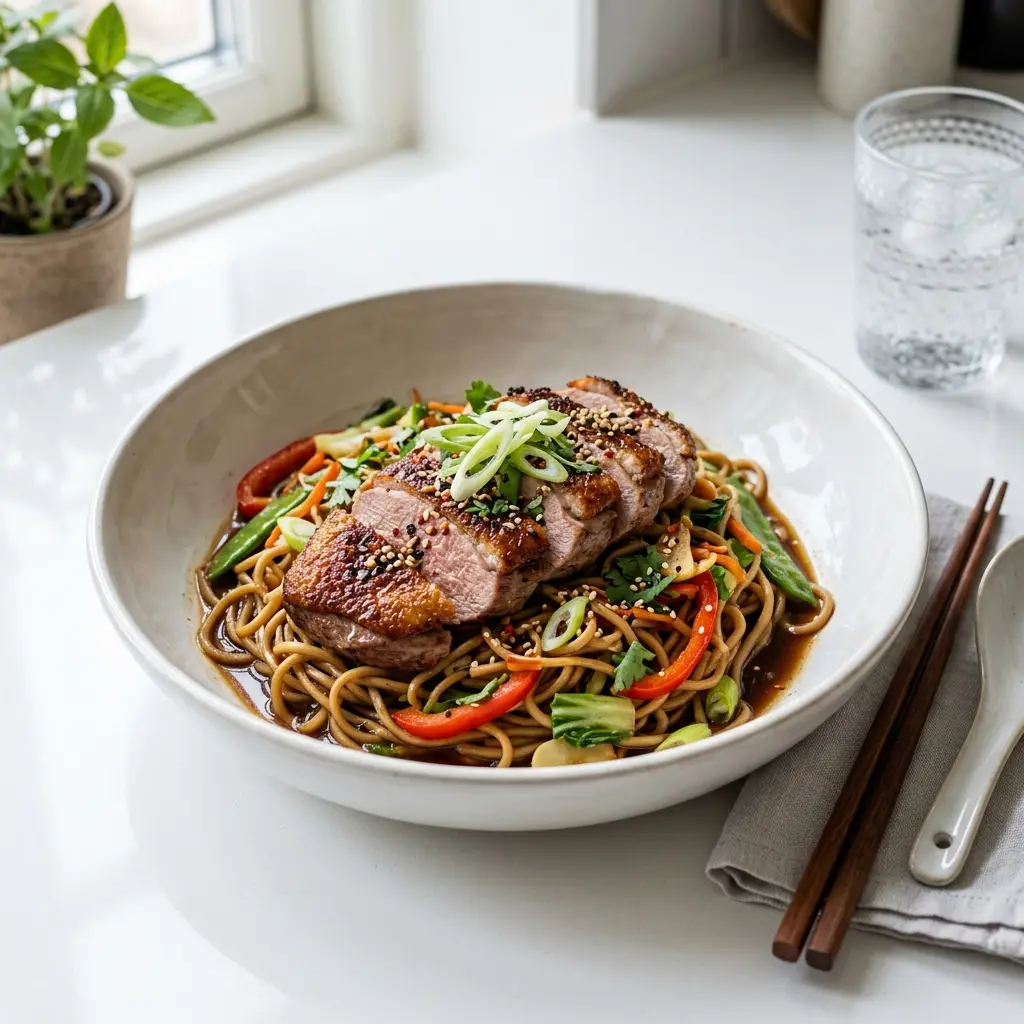 Receita de Pato com noodles pronta a servir como prato caseiro
