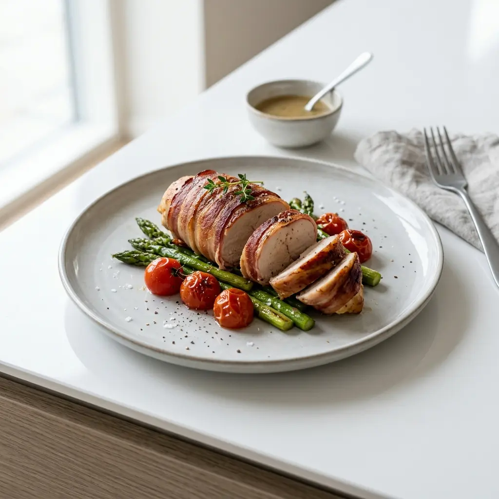 Receita de Peito de frango envolto em bacon pronta a servir como prato caseiro
