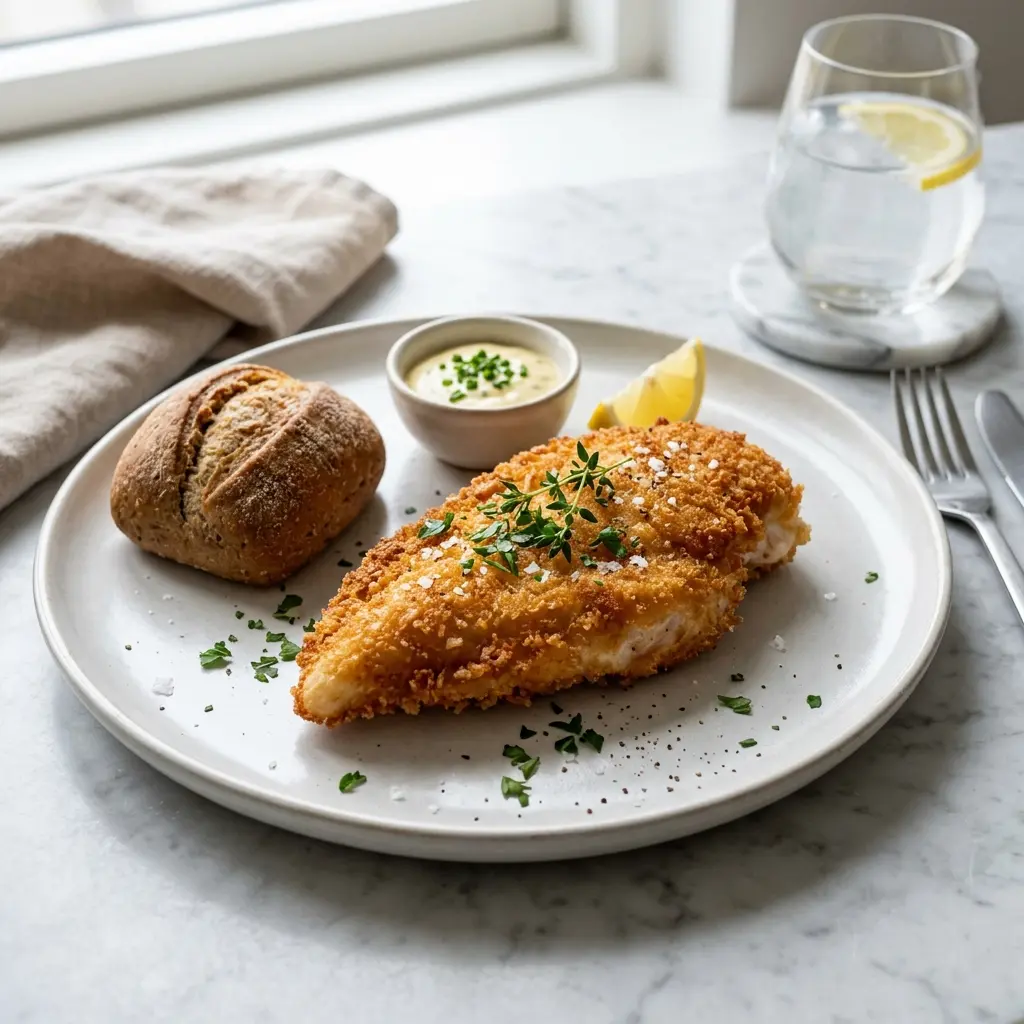 Receita de Peito de frango panado pronta a servir como prato caseiro