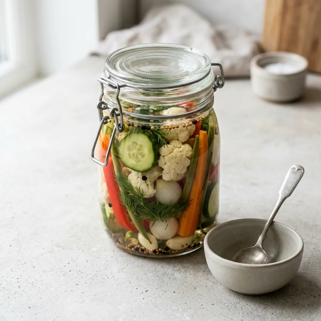 Picles de cenoura, pepino e couve-flor num frasco de vidro com alho, louro e pimenta em grão