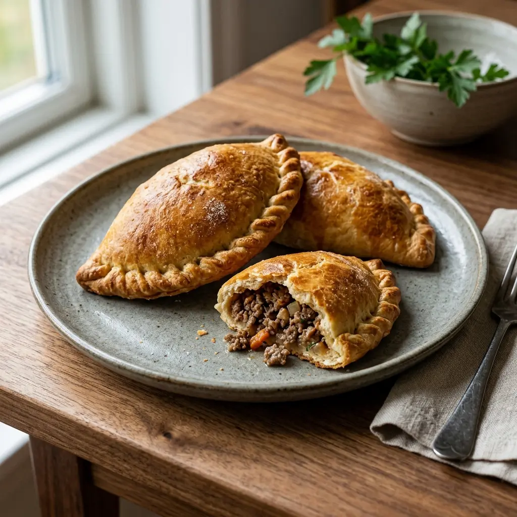 Receita de Pirozhki com carne de vaca pronta a servir como prato caseiro