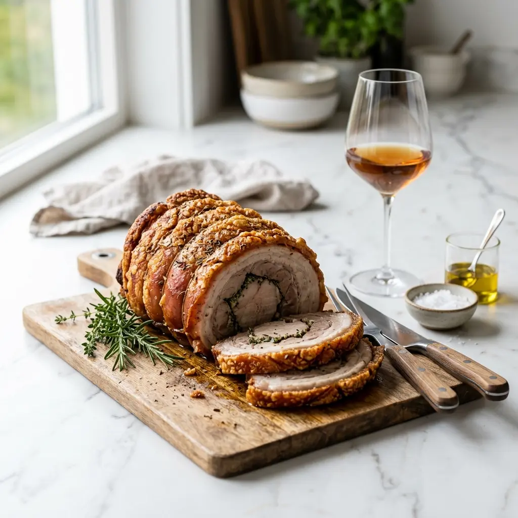 Receita de Porchetta no forno pronta a servir como prato caseiro