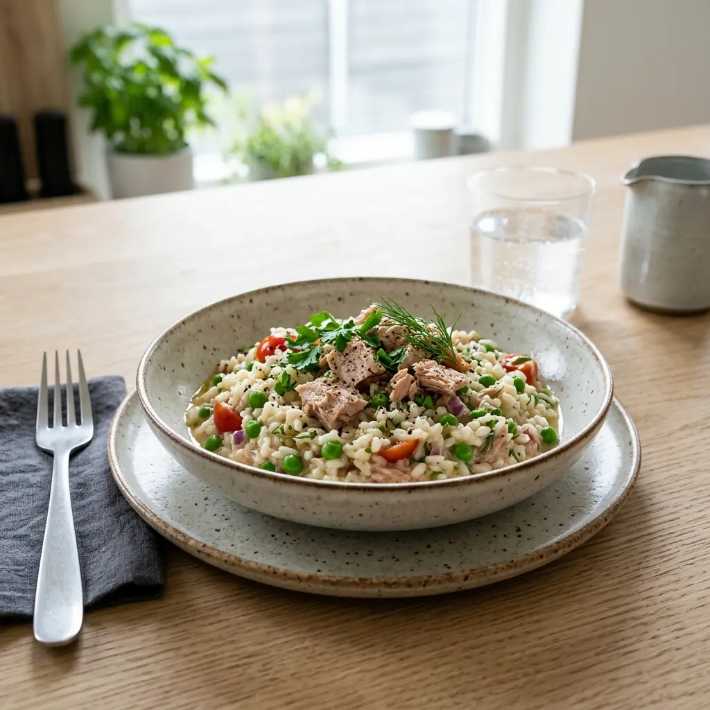 Receita de Prato de arroz com atum pronta a servir como prato caseiro