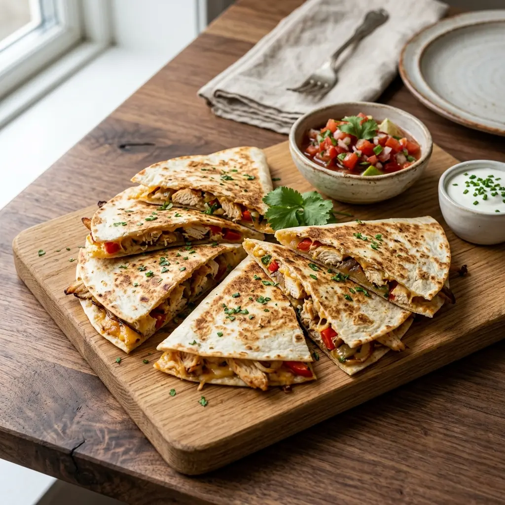 Receita de Quesadillas com frango pronta a servir como prato caseiro