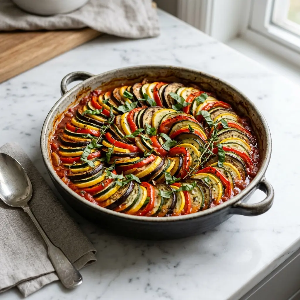 Receita de Ratatouille clássica pronta a servir como prato caseiro