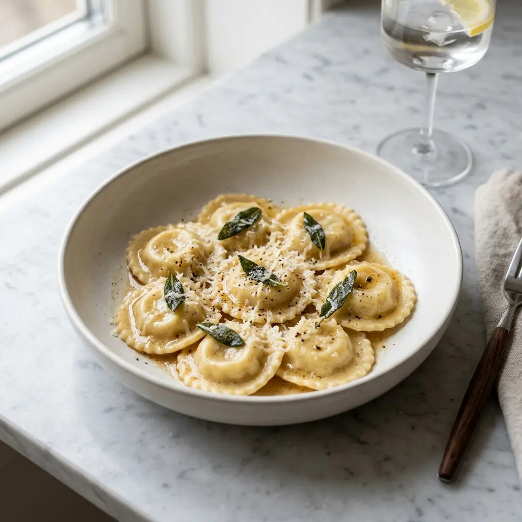 Receita de Ravioli com queijo pronta a servir como prato caseiro