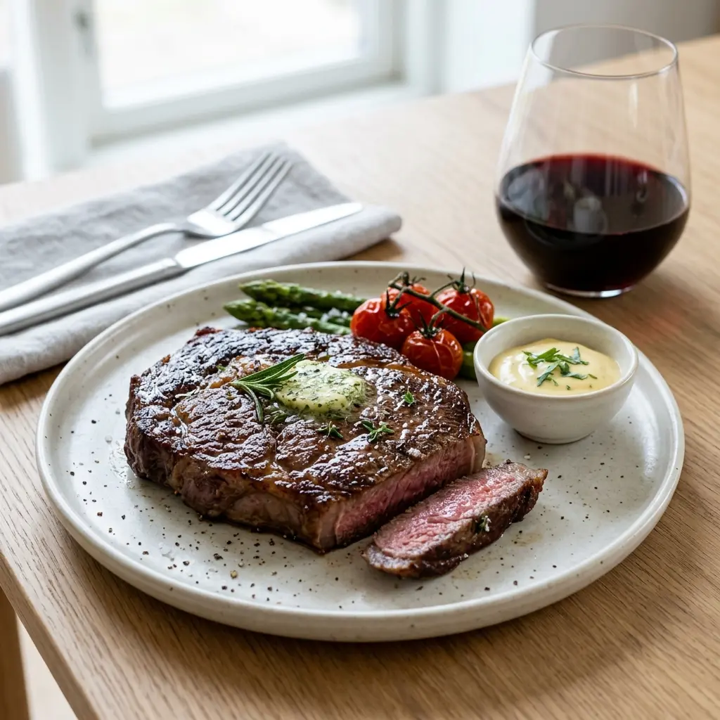Receita de Ribeye na frigideira pronta a servir como prato caseiro