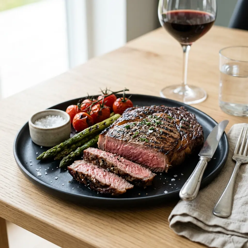 Receita de Ribeye no grelhador pronta a servir como prato caseiro