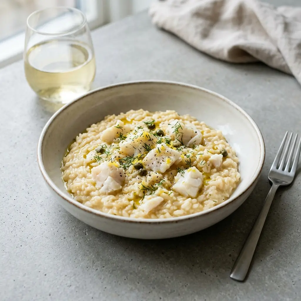 Receita de Risotto com bacalhau pronta a servir como prato caseiro