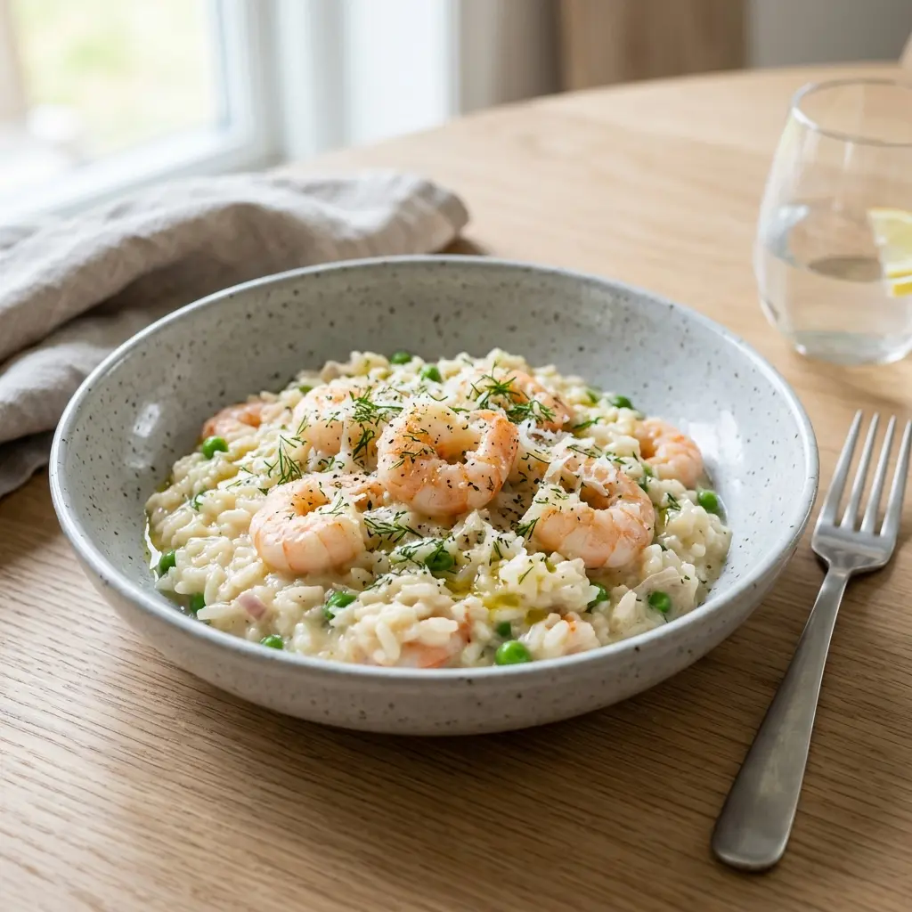 Receita de Risotto com camarões pronta a servir como prato caseiro
