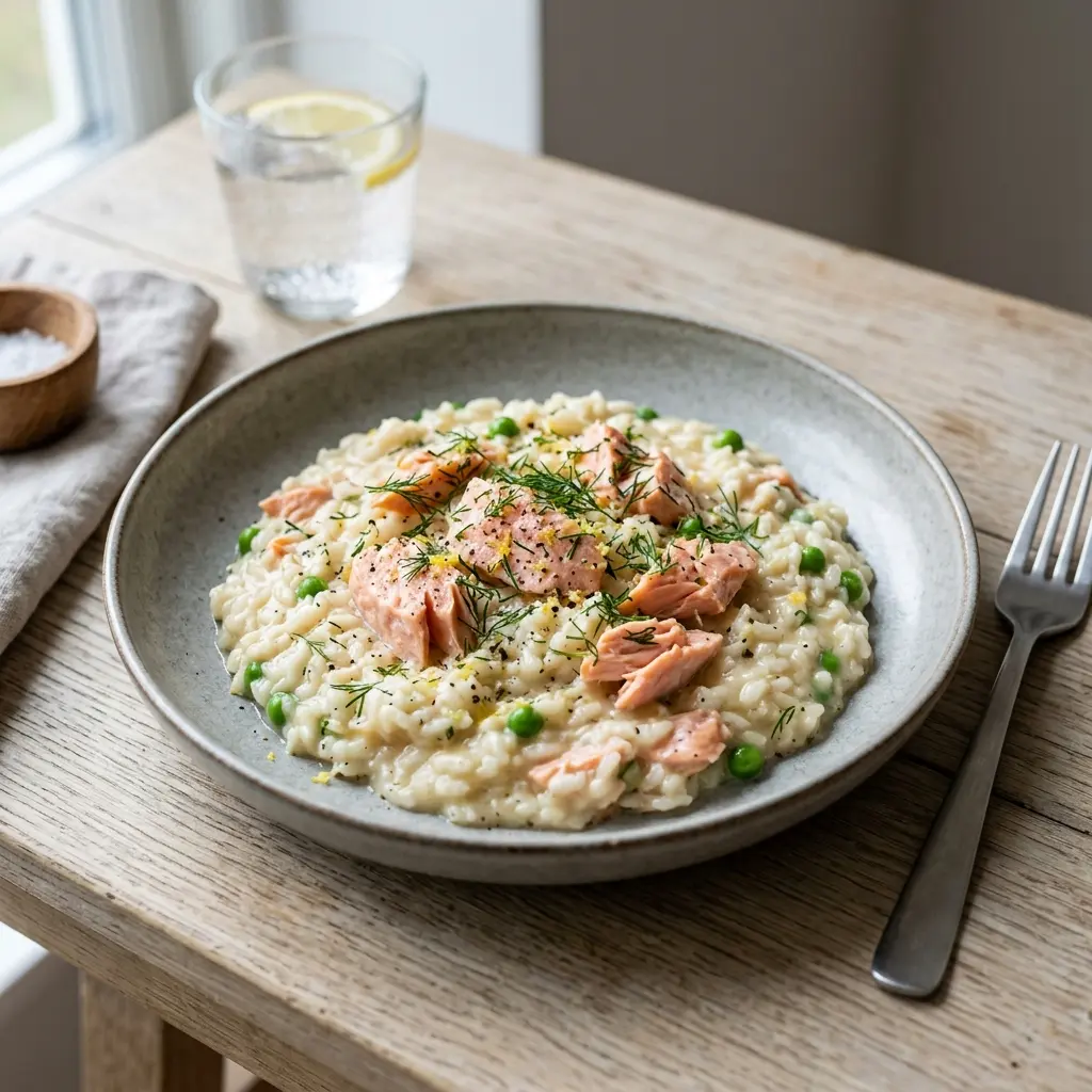 Receita de Risotto com salmão pronta a servir como prato caseiro