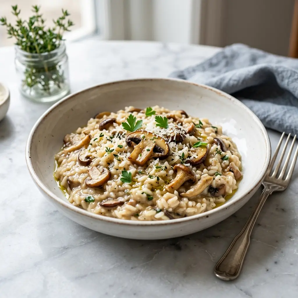 Receita de Risotto de cogumelos pronta a servir como prato caseiro