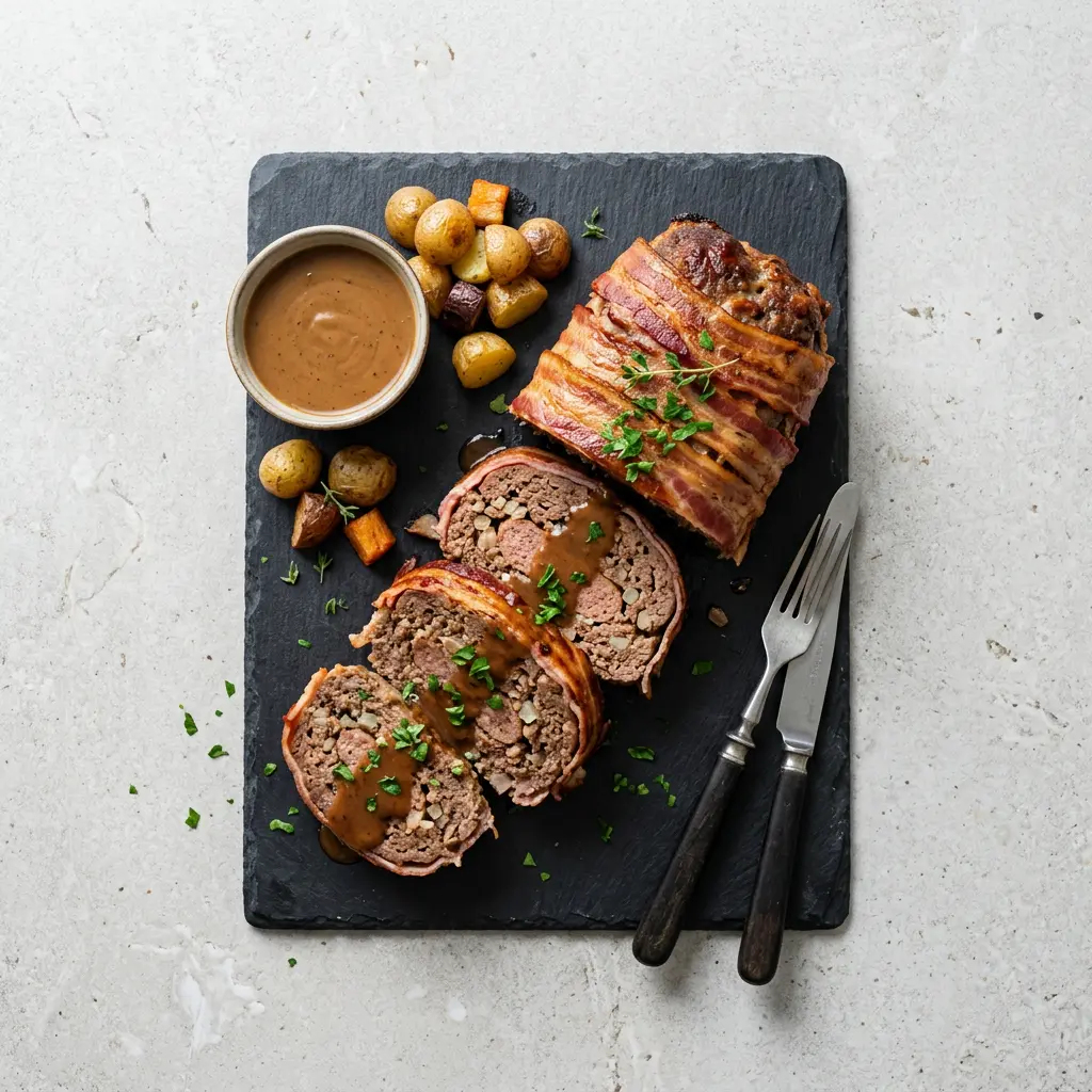 Foto de Rolo de carne dinamarquês com bacon na air fryer pronto na airfryer