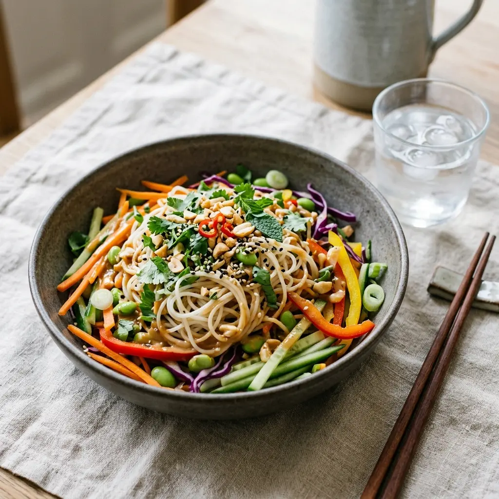 Salada asiática de noodles com tiras de pimento, pepino, cenoura e amendoins