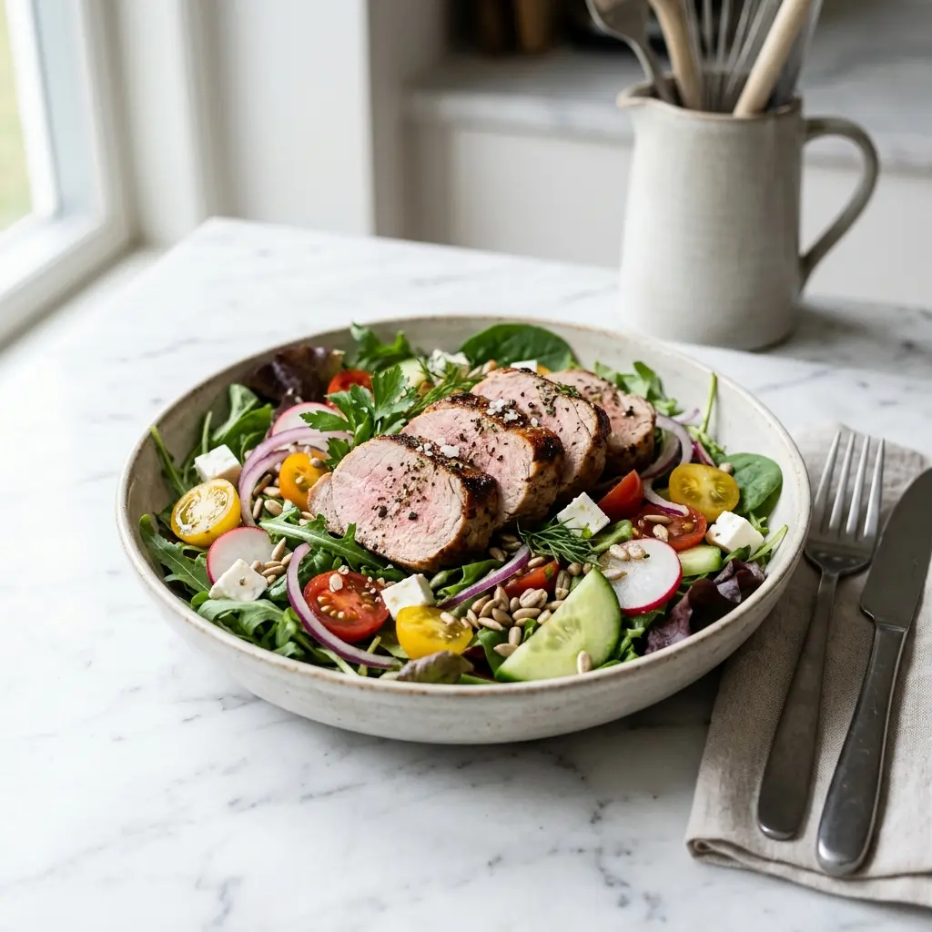 Receita de Salada com lombinho de porco servida como salada fresca