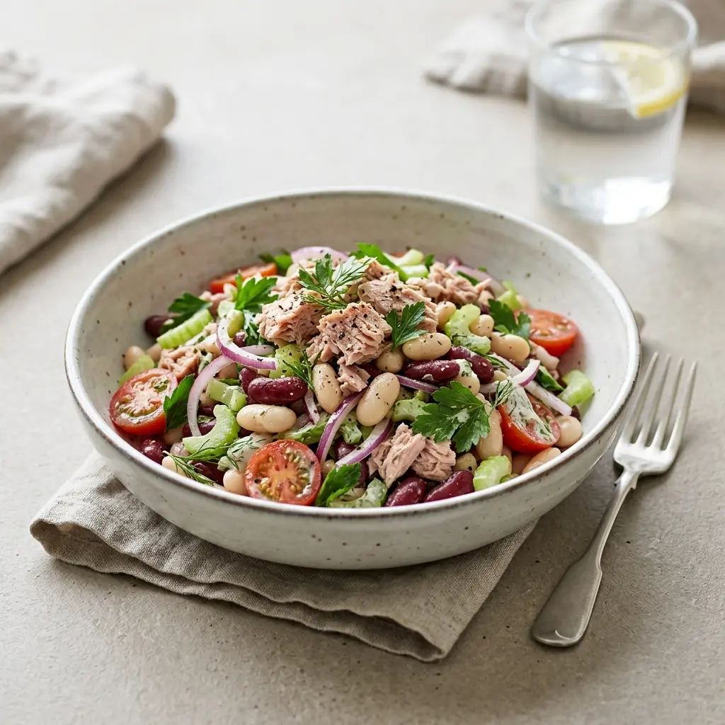Receita de Salada de atum com feijão servida como salada fresca