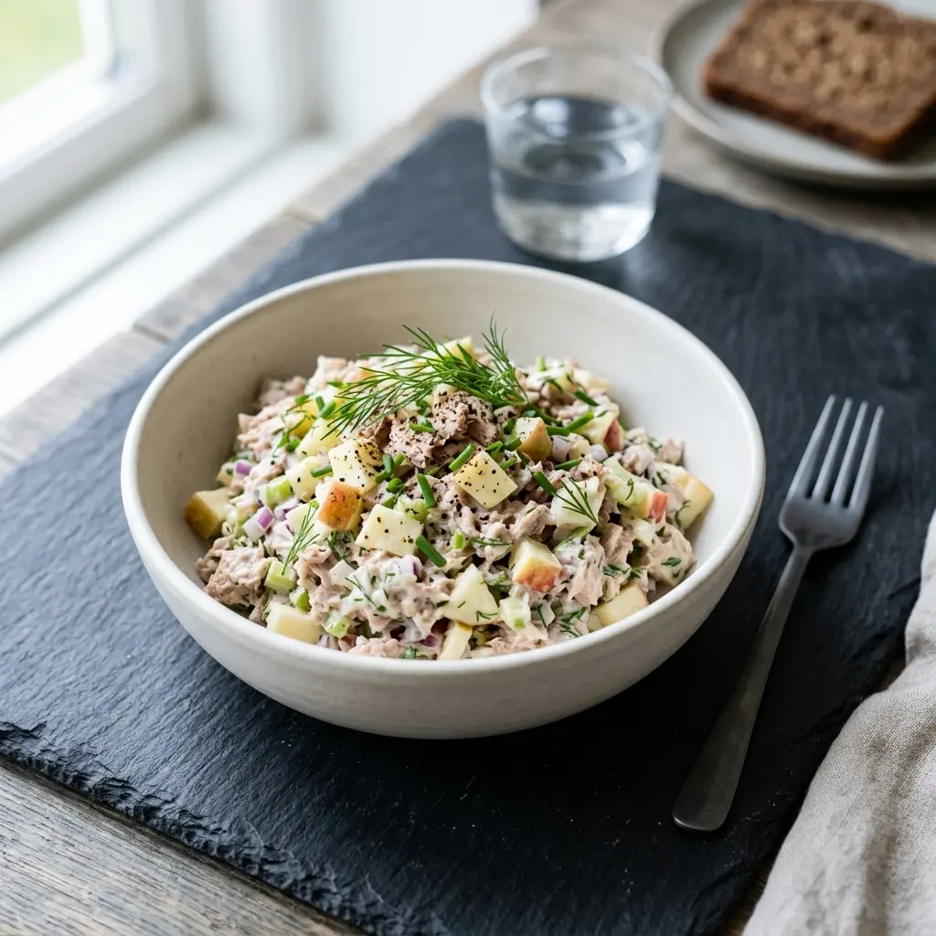 Salada de atum com maçã verde, cebola roxa e salsa numa taça
