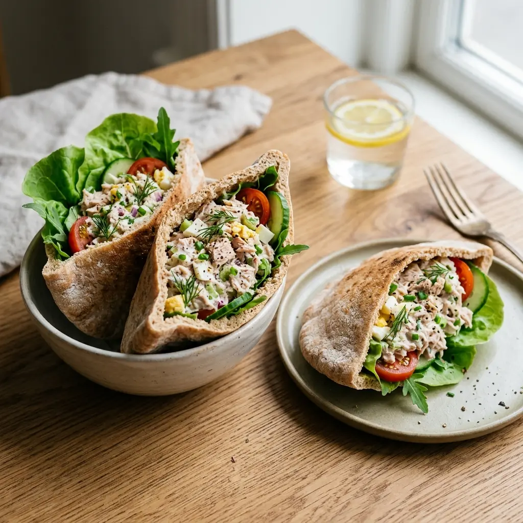 Receita de Salada de atum em pão pita servida como salada fresca
