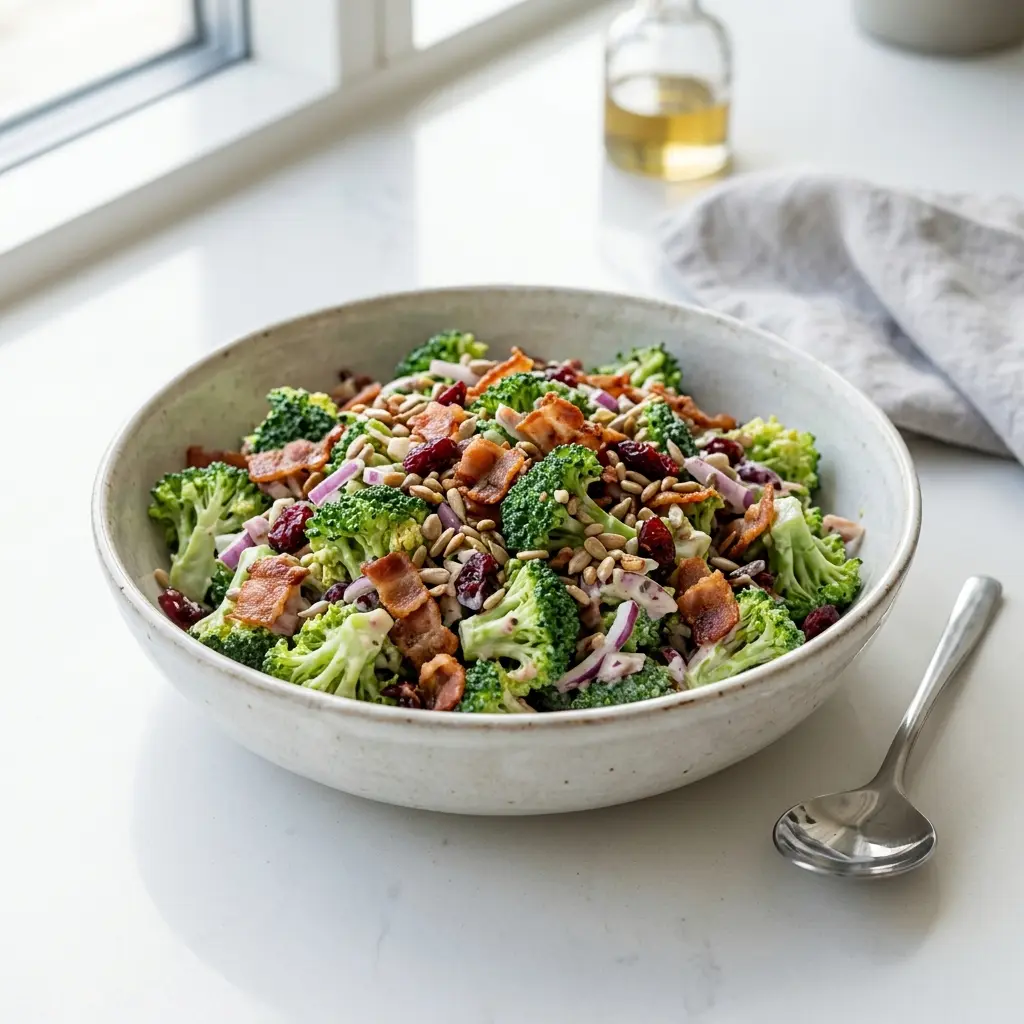 Receita de Salada de brócolos com bacon servida como salada fresca