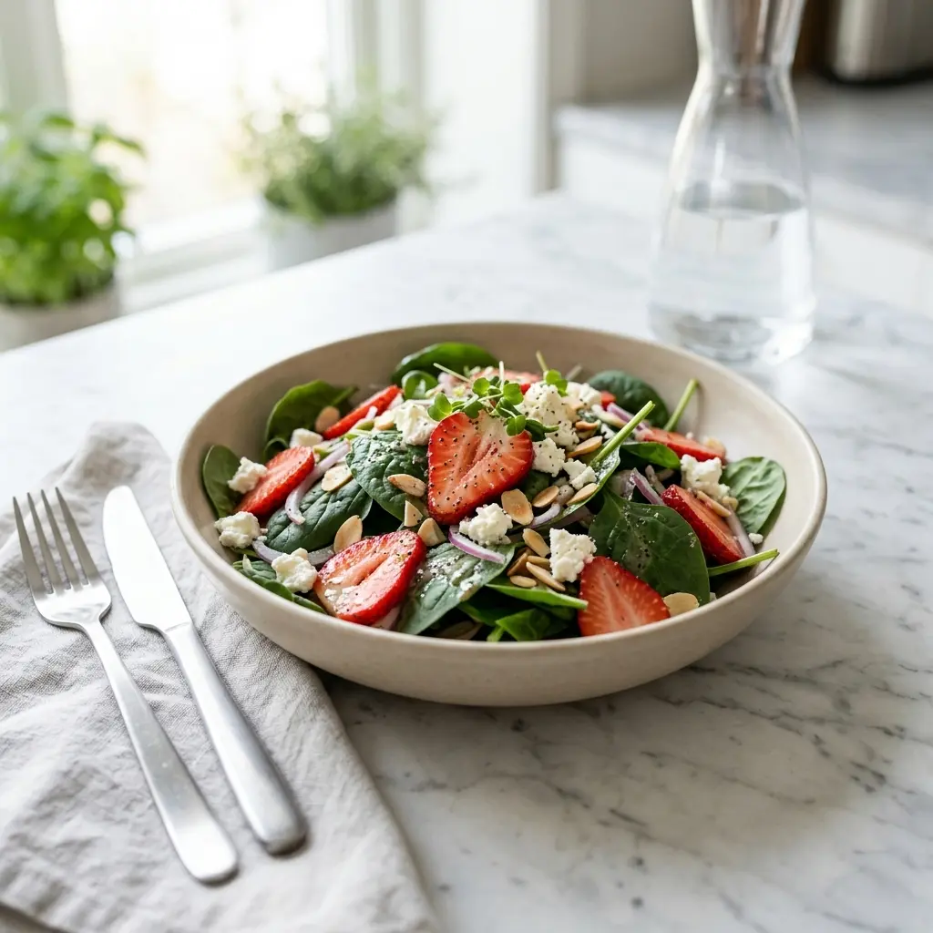 Receita de Salada de espinafres com morangos servida como salada fresca