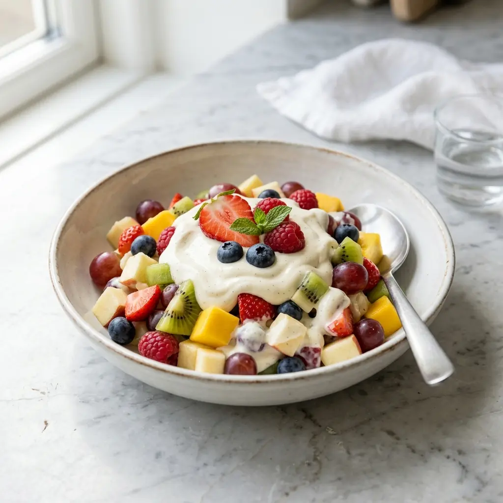 Receita de Salada de fruta com creme de baunilha servida quente numa taça