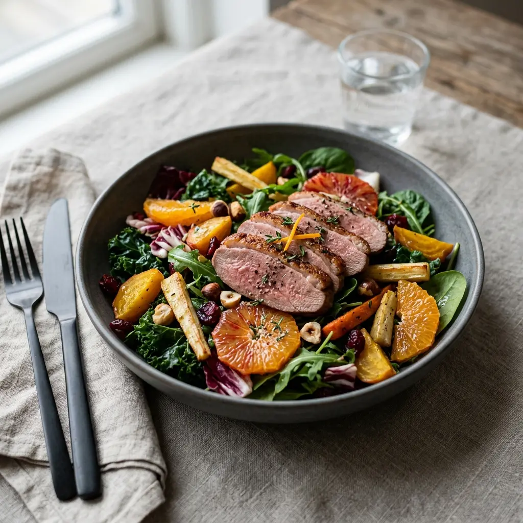 Receita de Salada de inverno com pato servida como salada fresca