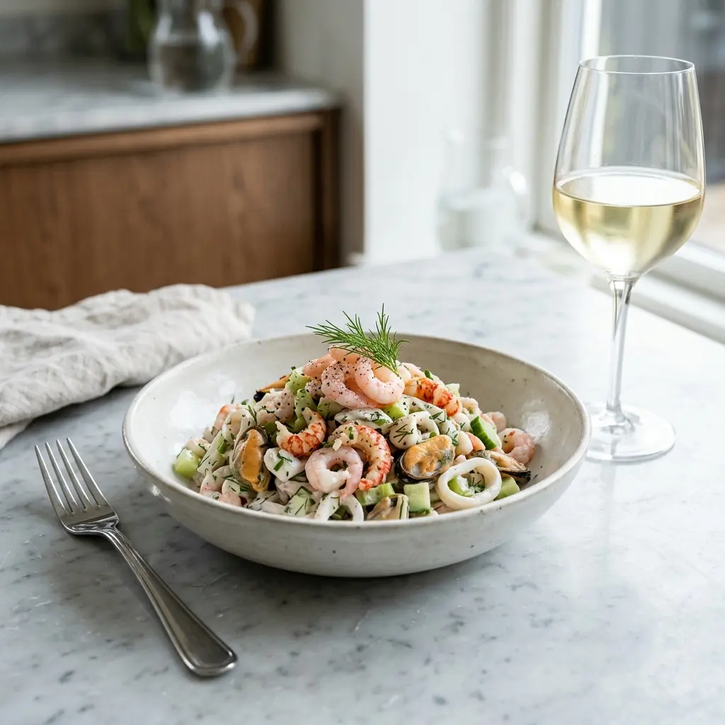 Receita de Salada de marisco com molho apresentada como molho ou acompanhamento