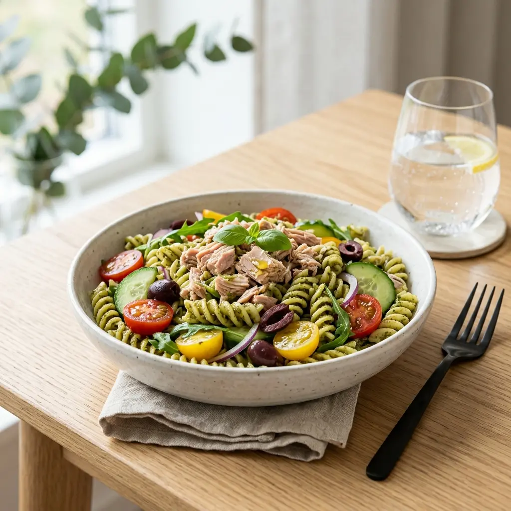 Receita de Salada de massa com atum e pesto apresentada como molho ou acompanhamento