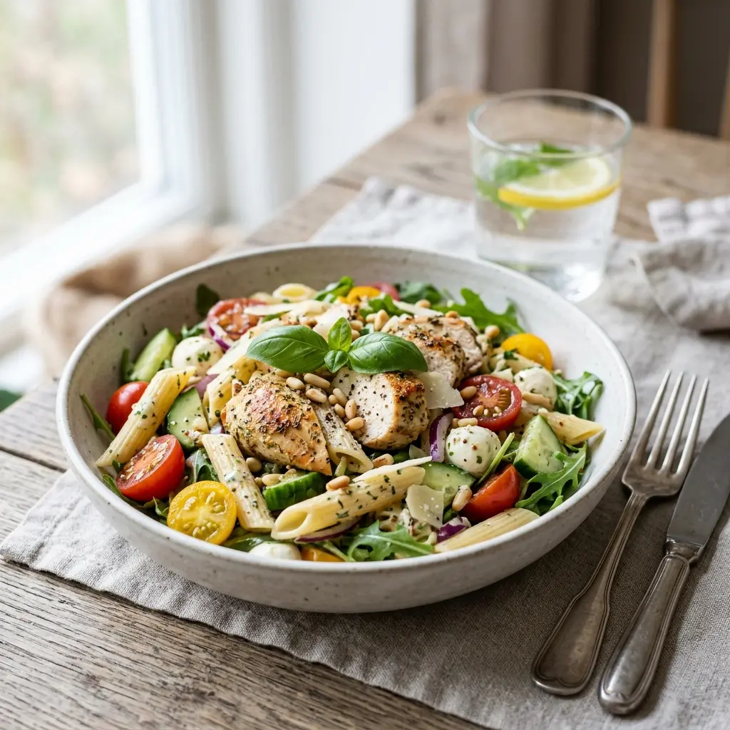 Receita de Salada de massa com frango servida como salada fresca