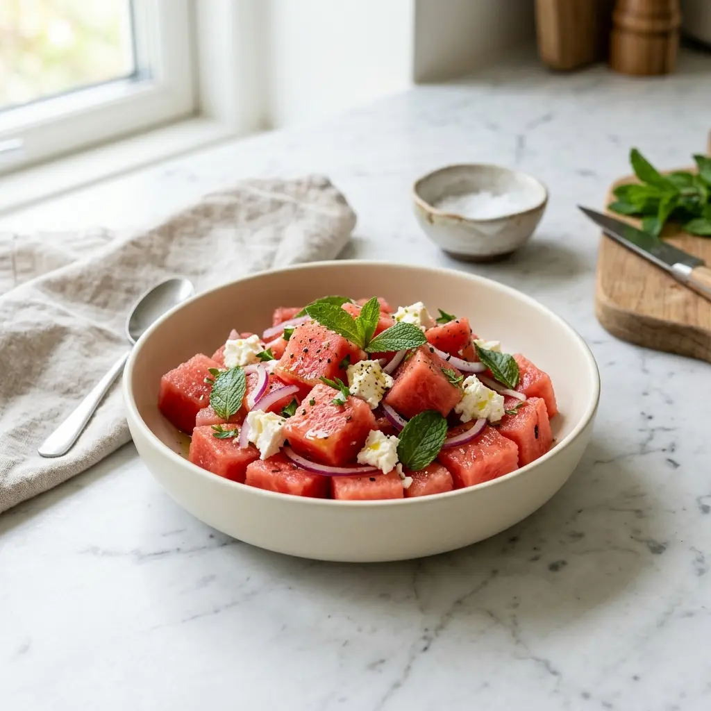 Receita de Salada de melancia com feta servida como salada fresca