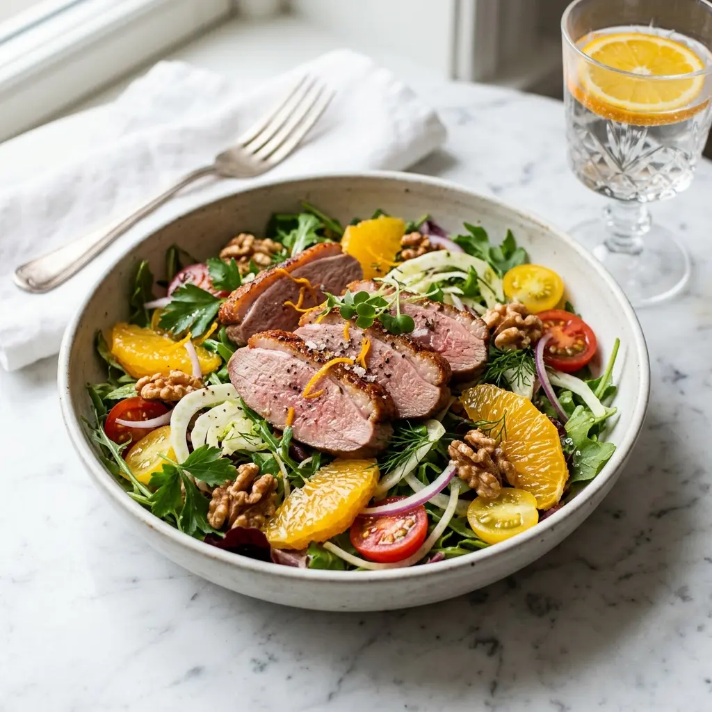 Receita de Salada de pato com laranja servida como salada fresca