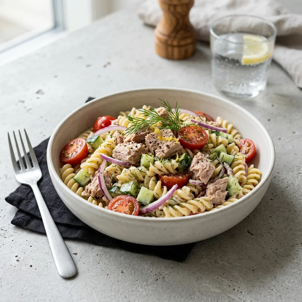 Receita de Salada fria de massa com atum servida como salada fresca