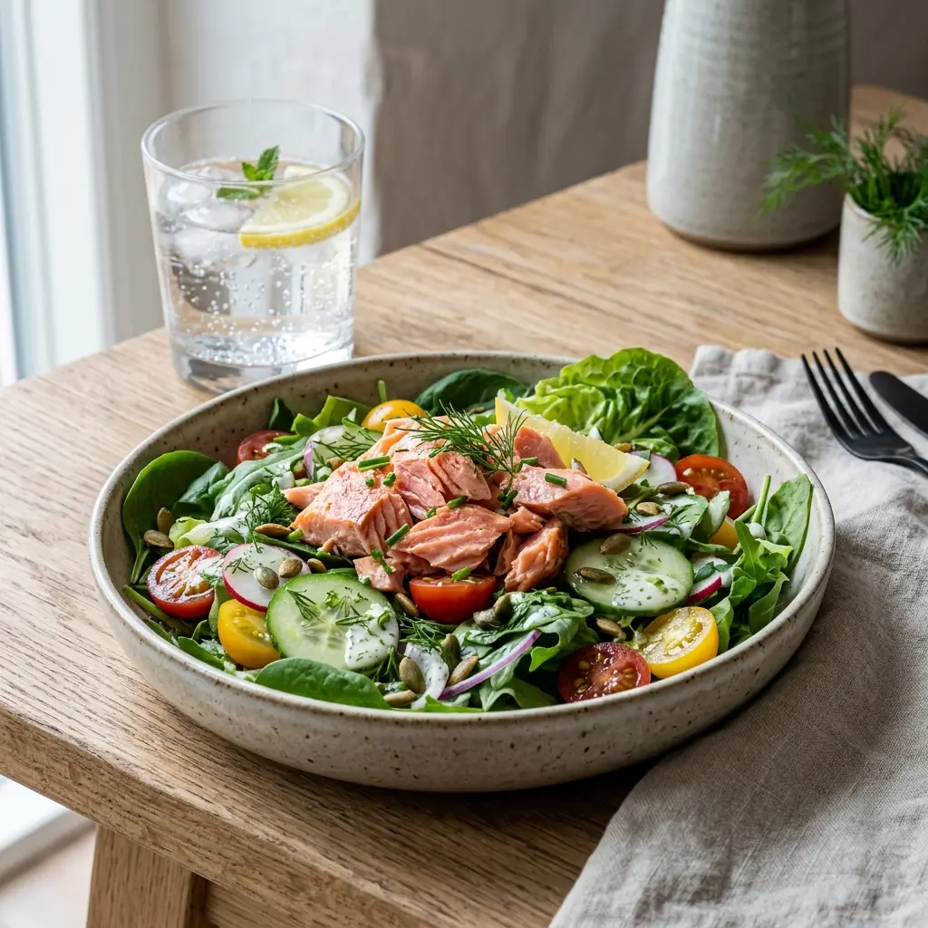 Receita de Salada verde com salmão fumado a quente servida como salada fresca