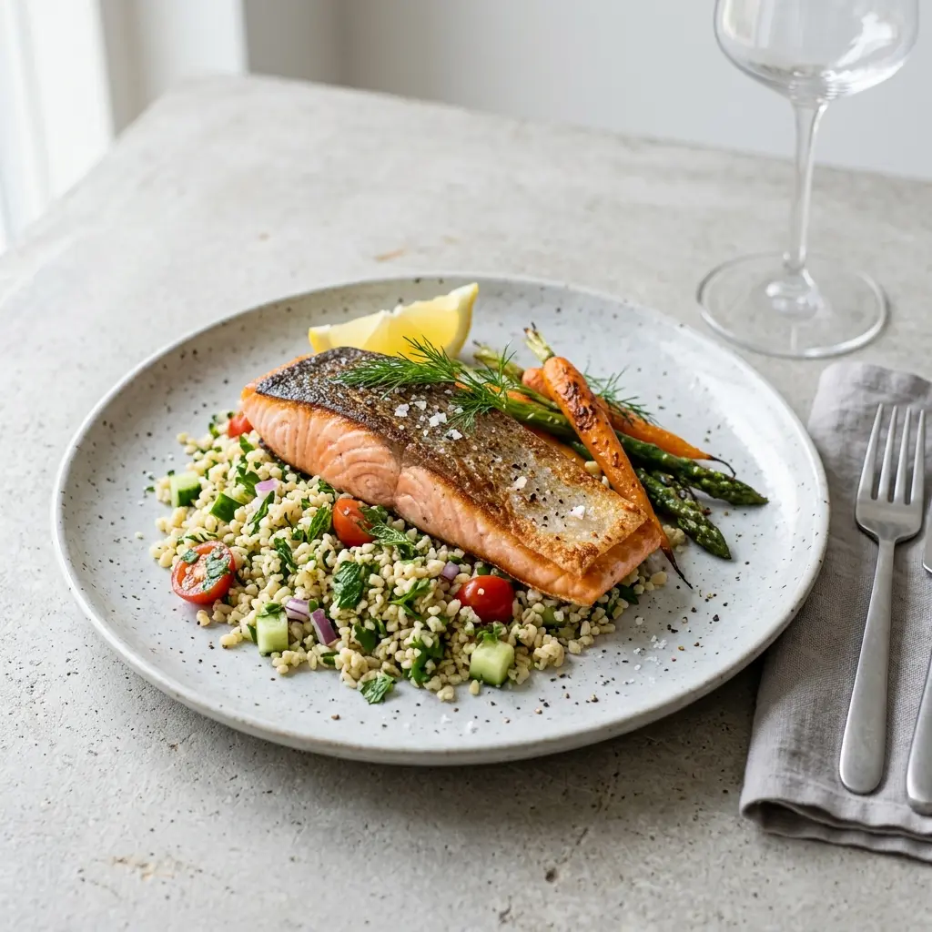 Receita de Salmão com bulgur pronta a servir como prato caseiro