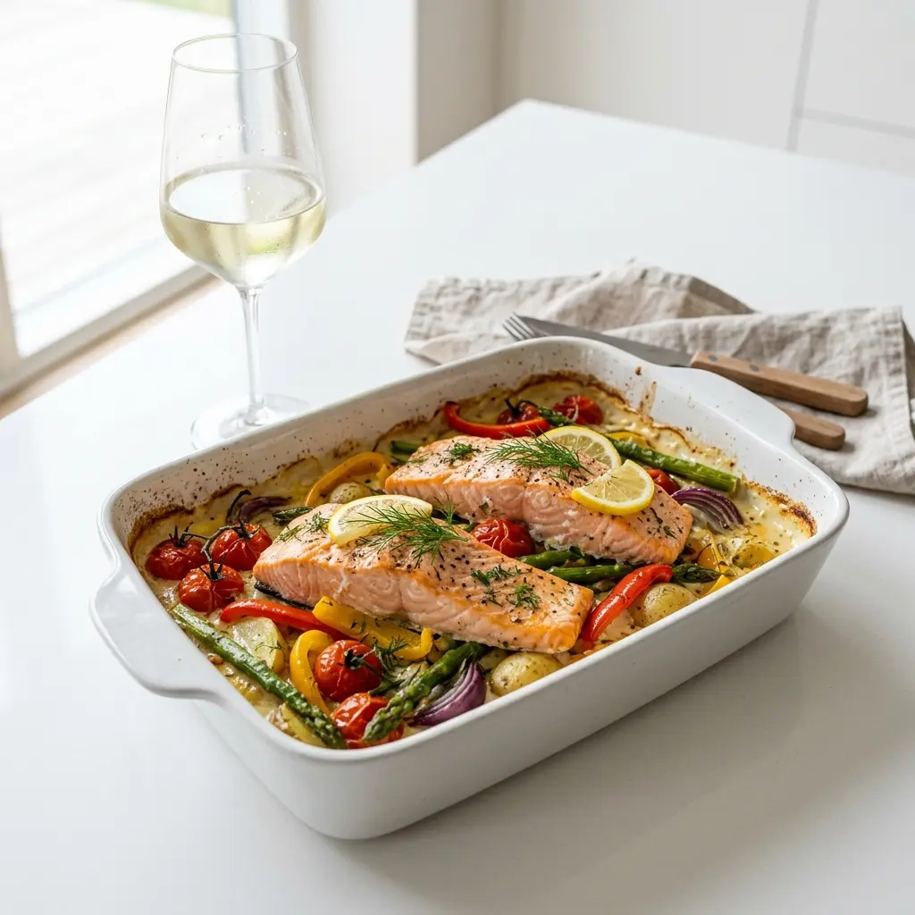Receita de Salmão no forno com legumes pronta a servir como prato caseiro