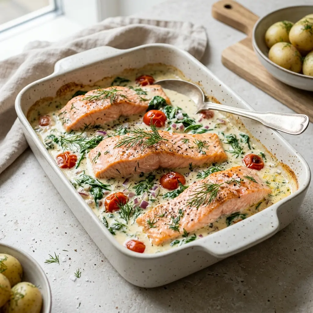 Salmão no forno com molho de natas, cebola e salsa picada numa travessa