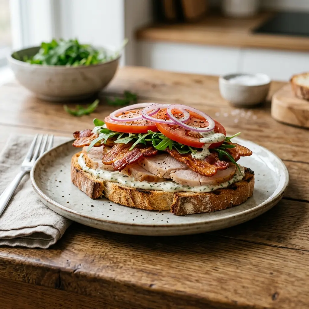 Receita de Sandes com peru e bacon pronta a servir como prato caseiro