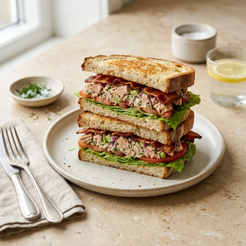 Receita de Sandes de atum com bacon pronta a servir como prato caseiro