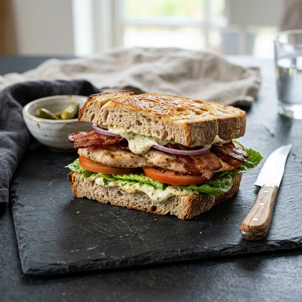 Receita de Sandes de frango com bacon pronta a servir como prato caseiro