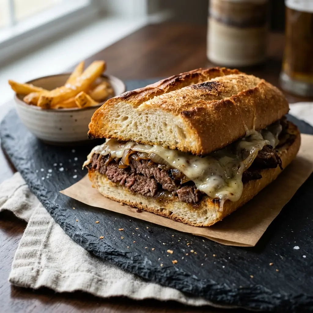 Receita de Sandes Philly cheesesteak pronta a servir como prato caseiro