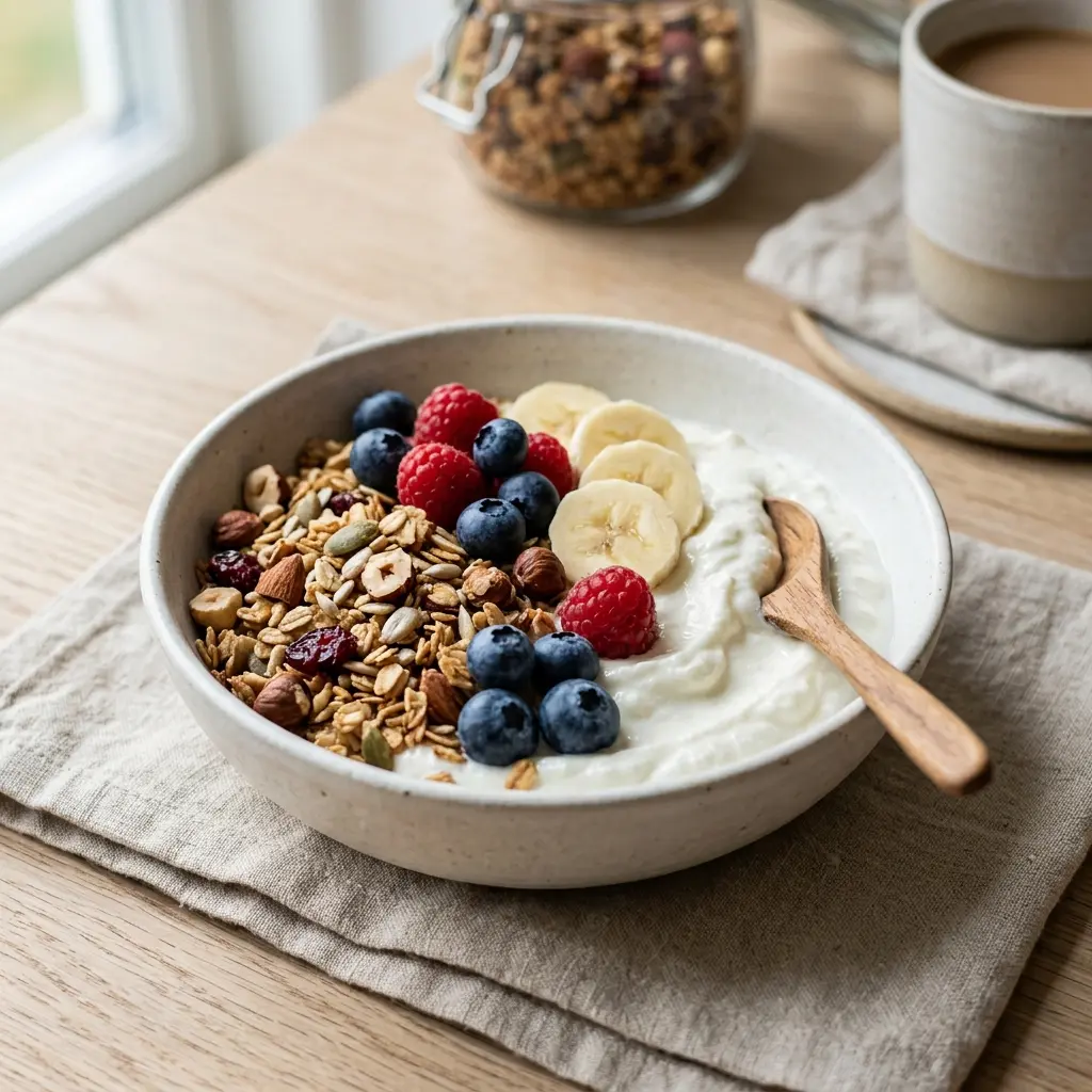 Receita de Skyr com granola pronta a servir ao pequeno-almoço