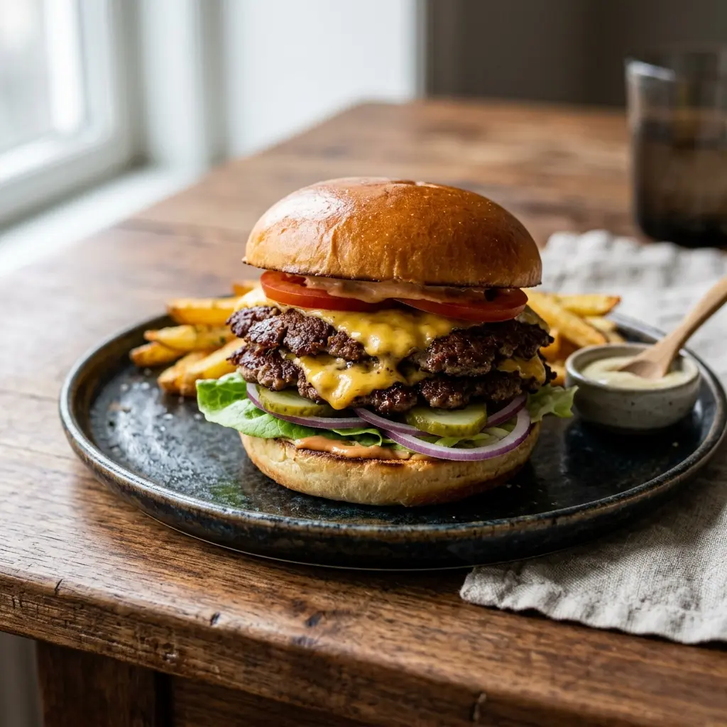 Receita de Smash burger pronta a servir como prato caseiro